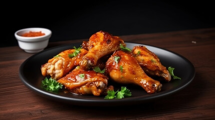 Homemade baked chicken with lemon on wooden background. roasted chicken. generative ai