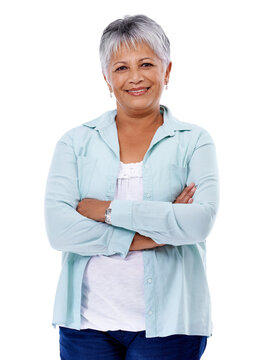Portrait of senior woman, arms crossed and isolated on transparent png background with confidence and pride. Happy mature lady, standing proud and confident with smile, happiness and casual fashion.