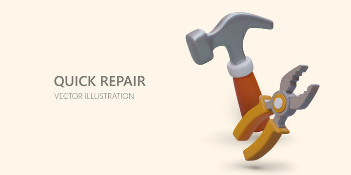 Quick repair service. Elimination of small and complex breakdowns. Specialist services with own equipment. Banner with realistic hammer, pliers. Big place for text, slogan. Urgent care