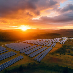  the urgency of transitioning to renewable energy sources with a captivating image of a solar panel farm against a dramatic sky, shot from a bird's eye view using a drone during sunset. Generated AI