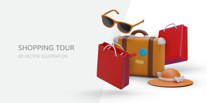 Trip for branded clothes. Things from famous designers. Booking tickets for fashion shows. 3D illustration for landing page of tour operator. Packages, paper bags, suitcase