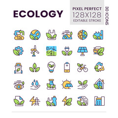 Ecology pixel perfect RGB color icons set. Nature protection. Sustainable energy sources. Isolated vector illustrations. Simple filled line drawings collection. Editable stroke. Poppins font used