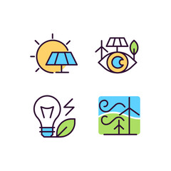Alternative power sources pixel perfect RGB color icons set. Sustainable energy. Eco friendly industry. Isolated vector illustrations. Simple filled line drawings collection. Editable stroke