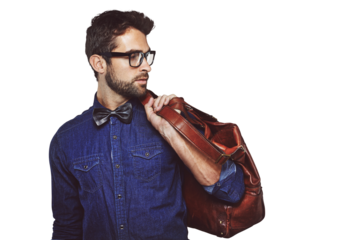 Isolated business man, luggage and travel for vision, thinking or retro fashion by transparent png background. Young businessman, model and idea for case, leather bag or vintage clothes for aesthetic