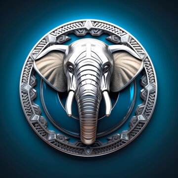 Elephant, silver metal game emblem, cyberpunk style game badges on transparent background. Made with Generative AI