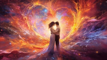 A couple hold each other with a backdrop of a colorful heart sky.