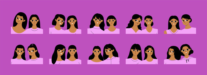 Set of joyful black sisters, friends. Cartoon female faces