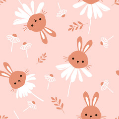 Seamless pattern with bunny rabbit cartoons, daisy flower and branch on pink background vector illustration.
