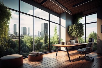 stunning office with floor-to-ceiling windows and view of the city, surrounded by greenery, created with generative ai