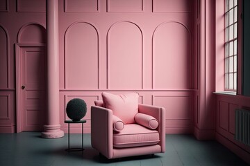 a pink armchair in the middle of a room decorated with minimalist and clean lines, created with generative ai
