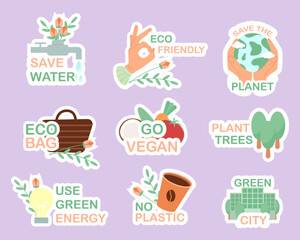 Collection of ecology, vegan stickers. Slogans no more plastic, save planet, use your bag. Reuse Recycle. Vector illustration EPS10
