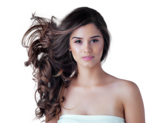 Hair care, beauty and face portrait of a woman isolated on transparent, png background. Aesthetic female model person with natural shine, facial skin glow and cosmetics or shampoo for healthy growth