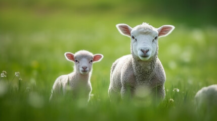 Naklejka na ściany i meble young lamb and mother look at the camera. generated ai