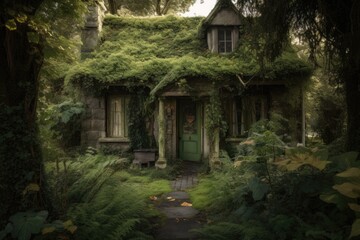 abandoned cottage, surrounded by overgrown gardens and moss-covered walls, created with generative ai
