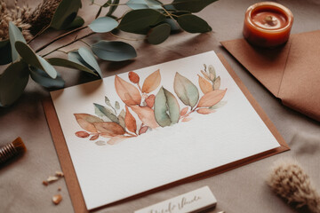 Wedding announcement card decoration lay flat art , Beautiful decorated wedding invitations background , Generative AI