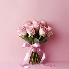 Pink Roses Bouquet Ribbon. Generative AI