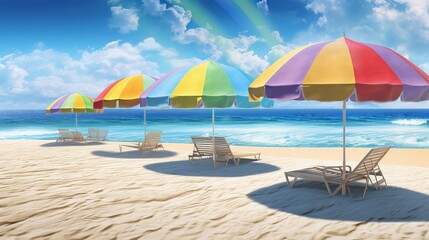 Obraz na płótnie Canvas umbrella on the beach, Indulge in the allure of summer with ultra detail HD backgrounds that transport you to idyllic sunny beach with golden sand and vibrant umbrellas, Generative AI