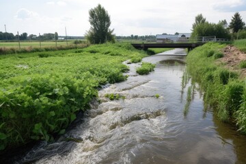 Fototapeta na wymiar agri runoff entering a river, with fish and water plants visible, created with generative ai