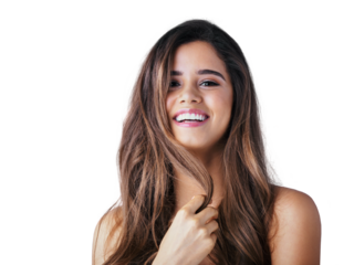 Hair, beauty portrait and happy woman isolated on transparent png background for salon results, cosmetics or haircare. Keratin, aesthetic and face of young person or model with smile for healthy glow