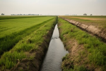 Fototapeta na wymiar farm field, with drainage canals and ditches carrying pesticides and fertilizer runoff, created with generative ai