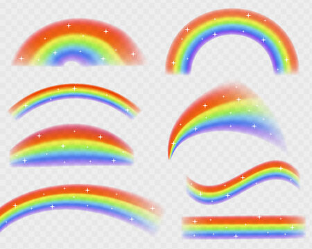 Rainbows in different shape realistic set. Shiny stars with glitter effect. Vector illustration. Rainbow effect for your design and business.