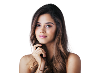 Young woman, portrait and hair on an isolated transparent, png background for beauty salon, color treatment and results. Healthy growth, hairstyle and face of person or model for balayage highlights
