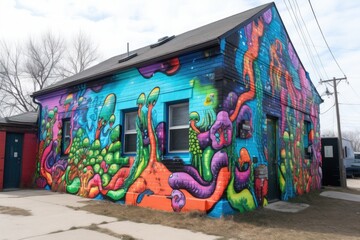 alien graffiti artist creating colorful mural with pop-culture references, created with generative ai