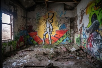 alien street artist creating piece on the wall of a derelict factory, created with generative ai