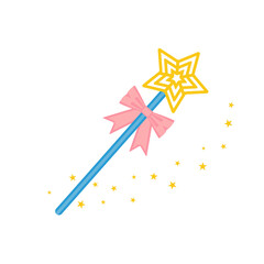 Golden magic wand with pink bow and sparks flat vector illustration