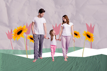 Collage family illustration dreaming girl kid adoption parents wear pajama walking barefoot...