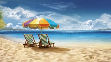 beach umbrellas and chairs, Indulge in the allure of summer with ultra detail HD backgrounds that transport you to idyllic sunny beach with golden sand and vibrant umbrellas, Generative AI
