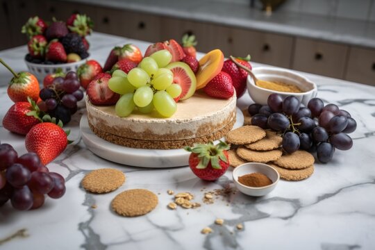 cheesecake on a marble slab, with fresh fruit and graham crackers, created with generative ai