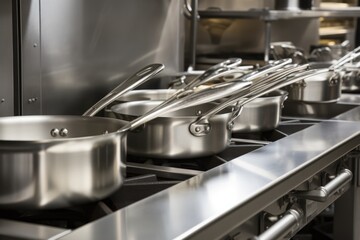 close-up of stainless steel range, with pots and pans in view, created with generative ai