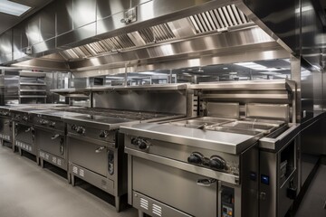 modern commercial kitchen with stainless steel ovens and ranges, touch screens, and digital controls, created with generative ai