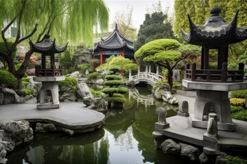 peaceful china pagoda garden with stone lanterns, bonsai trees and koi fish, created with generative ai