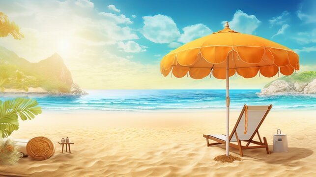 Indulge in the allure of summer with ultra detail HD backgrounds that transport you to idyllic sunny beach with golden sand and vibrant umbrellas, beach with umbrella and chairs, Generative AI