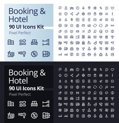 Booking and hotel pixel perfect linear ui icons kit for dark, light mode. Accommodation for tourist. Outline isolated user interface elements for night, day themes. Editable stroke. Poppins font used