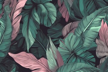 Pink and green tropical leaves in jungle. Abstract hand drawn background. Generative AI