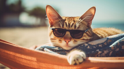 Cat wearing sunglasses sleep on a Hammock bed and sunbathing. Funny beach vacation background. Generative ai. - obrazy, fototapety, plakaty