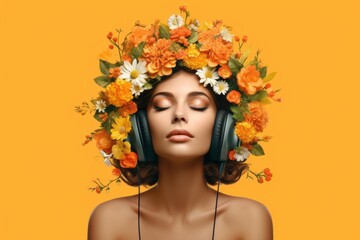 meditative portrait of a woman wearing headphones with flowers on her head, generative Ai