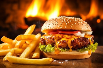 Fresh tasty chicken burger and french fries on wooden table on background with Generative AI. - obrazy, fototapety, plakaty