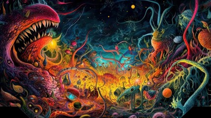 Colorful Surreal Nightmare Monsters Background & Wallpaper Digital Art. Generative AI illustration.