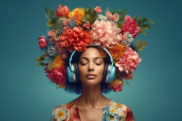 meditative portrait of a woman wearing headphones with flowers on her head, generative Ai