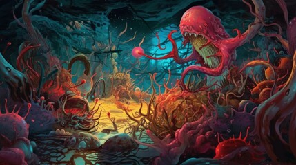 Fototapeta premium Colorful Surreal Nightmare Monsters Background & Wallpaper Digital Art. Generative AI illustration.