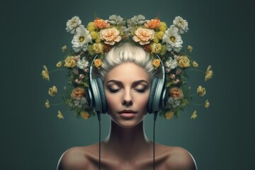 meditative portrait of a woman wearing headphones with flowers on her head, generative Ai