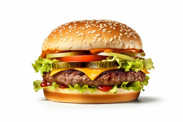 Fresh tasty burger on white background with Generative AI.