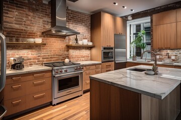 eco-friendly kitchen with sleek appliances, natural stone counters, and recycled materials, created with generative ai