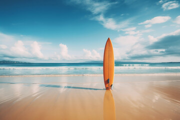 Surfboard on sand tropical beach, summer vacation background and water sport concept. Generative AI
