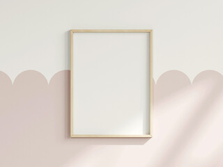 blank portrait frame on the wall, girl room interior frame mockup, print mockup, baby room mockup, kids room mockup, nursery interior frame mockup, gallery wall mockup, pink wall mockup, 3d render