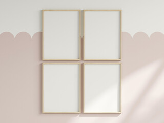four vertical frames on the wall, girl room interior frame mockup, print mockup, baby room mockup, kids room mockup, nursery interior frame mockup, gallery wall mockup, pink wall mockup, 3d render